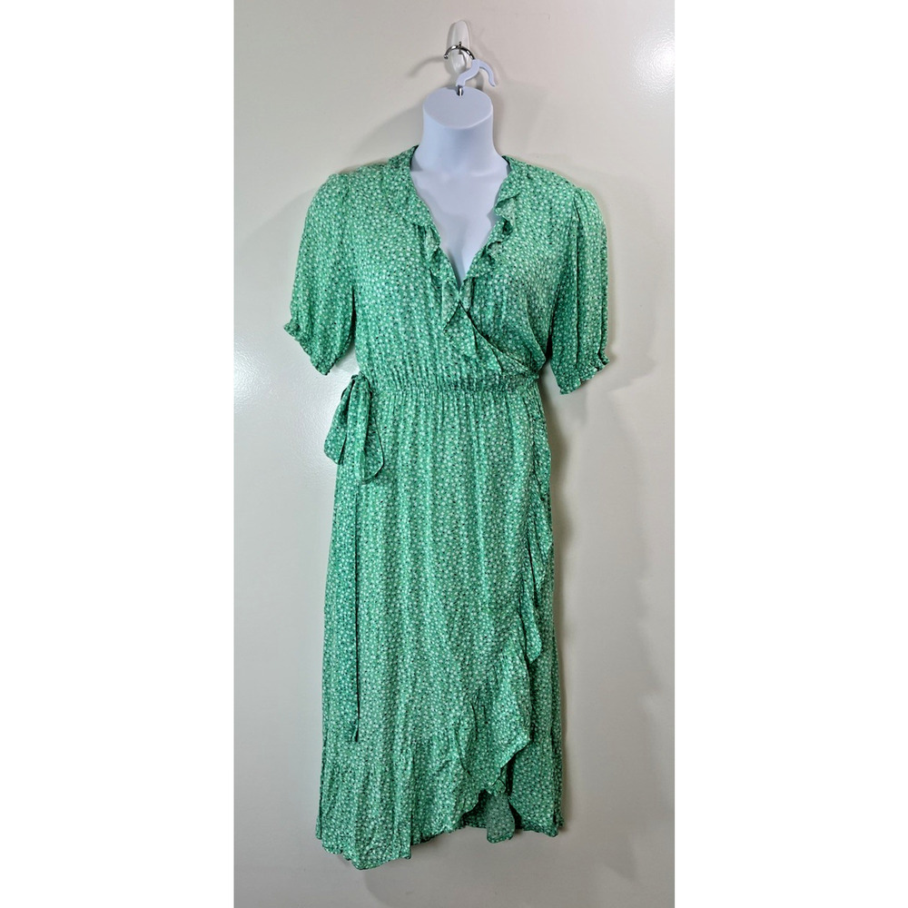 Old Navy Women’s Floral Midi Wrap Dress Size M Green White Ruffles Cottagecore